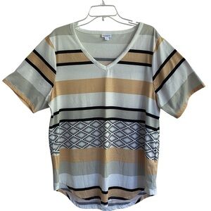 LULAROE Iris Striped Black Cream Geometric V-Neck Tee Womens Size LARGE